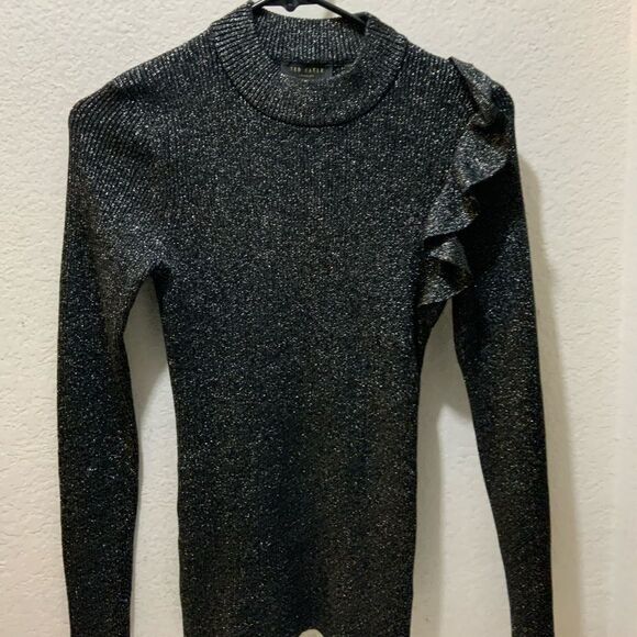 Ted Baker Addale Silver Metallic Black Rib Knit Sweater Ruffle SZ 1 /US 4 NWOT - Picture 5 of 9